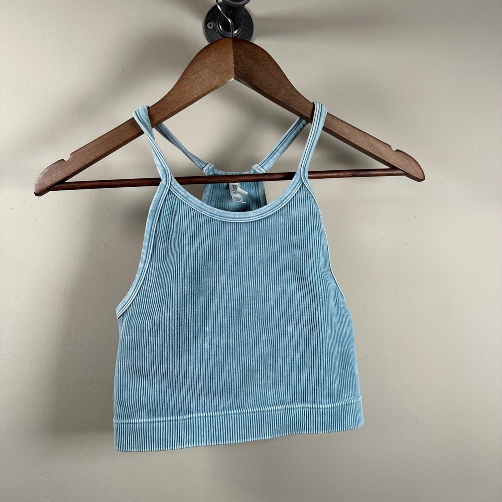 Zenana Ribbed Tank‎ Top L/XL Light Blue Sleeveless Crop Cross Back Activewear